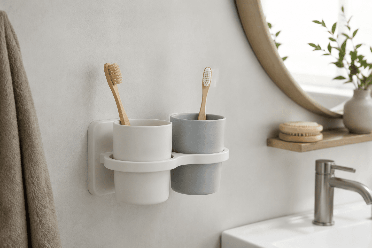 Adhesive Toothbrush & Cup Holder in a styled bathroom