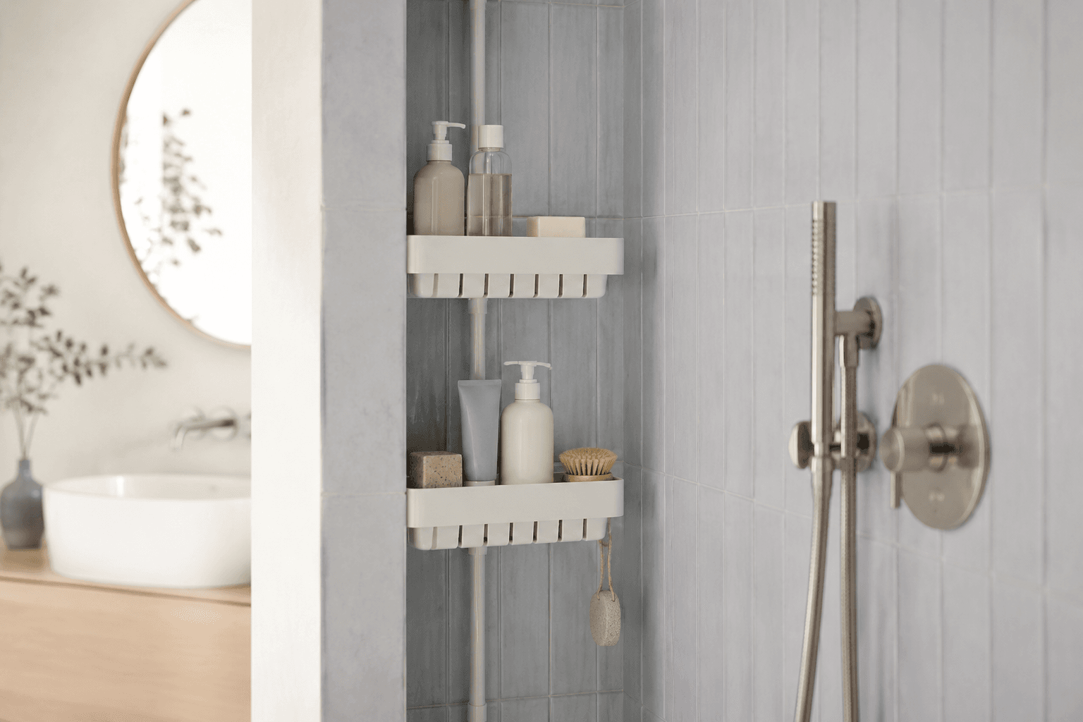 Shower Niche Organizer Shelf in a styled bathroom