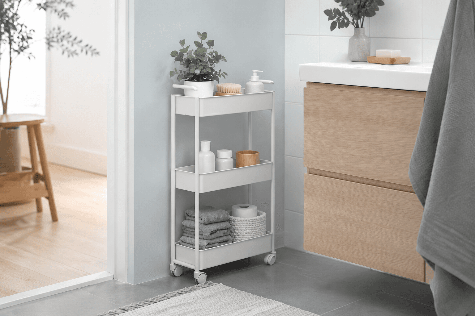 Slim Rolling Bathroom Cart — In the bathroom