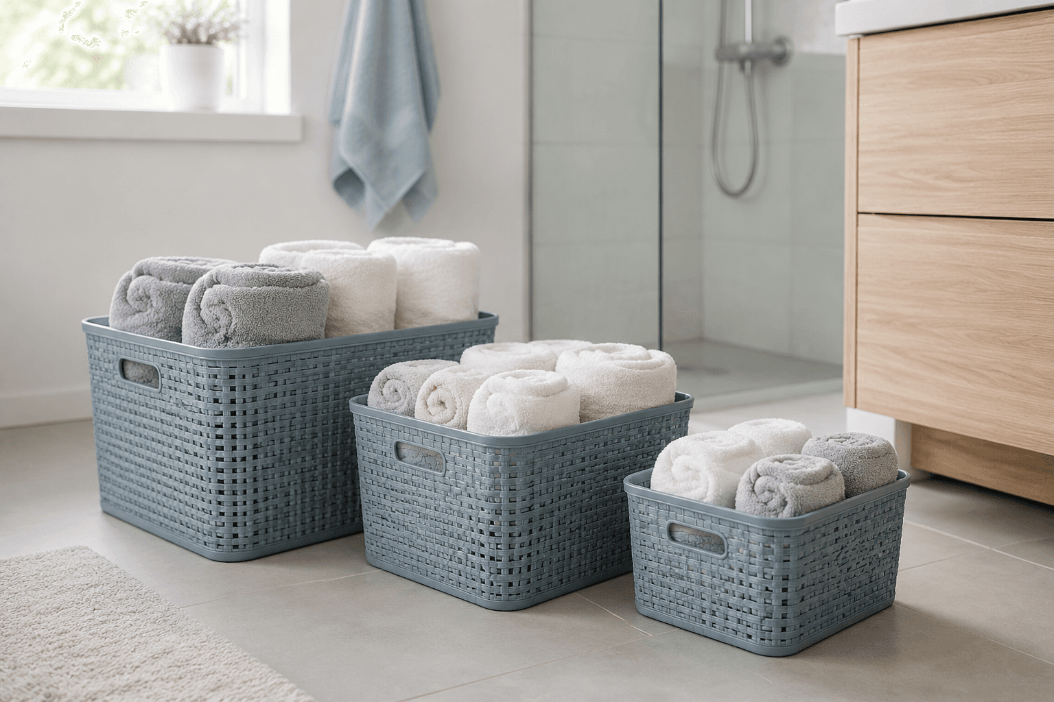 Waterproof Storage Basket Trio in a styled bathroom